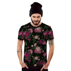 Camiseta Floral Preta e Rosa Masculina Top-Masculino