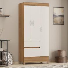 Guarda Roupa Solteiro Castro 3 Portas de Bater 2 Gavetas MDP Amêndola Touch-Off White Demóbile