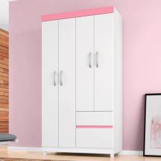 Guarda Roupa Infantil Solteiro Vicenza 4 Portas 2 Gavetas MDP Branco-Rosa