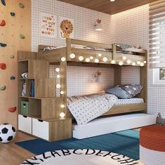 Treliche Infantil com Cama Auxiliar Escada Nichos e Gavetas Laterais Aveiro Oak/Branco