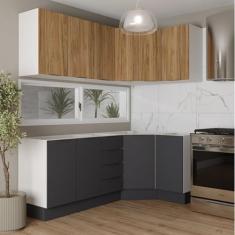 Cozinha Modulada 6 Peças sem Tampo com Rodapé 3 Aéreos e 3 Balcões Ipanema Cabecasa Madeiramadeira Grafite Trama/Acácia