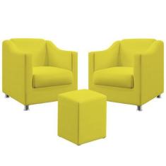 Kit 2 Poltronas Decorativa Alya E Puff Izar Sued Amarelo Aradecor