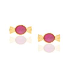 Brinco infantil folheado a ouro 18k com aplicação em resina rosa escur