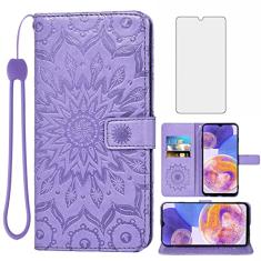 Capa de telefone para Samsung Galaxy A23 5G Capa carteira com protetor de tela de vidro temperado e couro de girassol capa flip fina suporte para cartão acessórios de celular Gaxaly A 23 23A (2022)