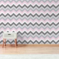 Papel de Parede Chevron Rosa Cinza e Branco 57x270cm - Quartinhos