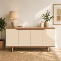 Buffet 160cm 4 Portas Pés em Madeira Maciça Grace Versátile Bege/Off W