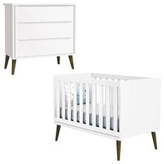 Berço Americano e Cômoda Gaveteiro Infantil Theo Branco Acetinado com Pés Amadeirado - Reller