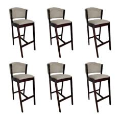 Kit 6 Banquetas Alta De Madeira Maciça Castanho Premium Ana Com Encosto Linho Bege