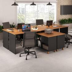 Conjunto 4 Escrivaninhas Retrô em L para Escritório e Home Office com 2 Gavetas e 5 Nichos Gold Freijó/Preto