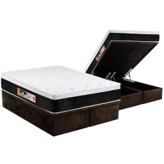 Cama Box Baú Queen: Colchão Espuma Castor D45 Black e White Air Euro Pillow + Base CRC Suede Brown(158x198)
