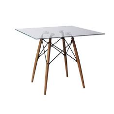 Mesa De Jantar Vidro Eames Eiffel Quadrada 110cm Base Madeira Maciça - Cor: Marrom