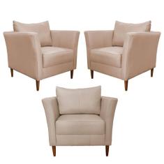 Kit 3 Poltronas Decorativa Sala de Estar Pés Palito Lubbock Couro Bege