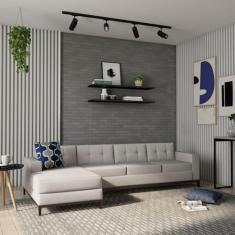 Sofá 4 Lugares Leave com Chaise Esquerdo Pés e Base em Madeira Linho Cotton Cru