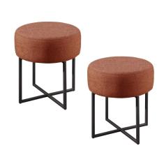 Conjunto - 2 Puffs Banqueta Otávio Base Metálica Preta Luxo Linho Terracota