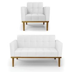 Sofá Namoradeira E Poltrona Base De Madeira Castanho Elisa Corino Branco D03 - D'rossi