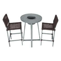 Conjunto Bistrô Champanheira Cinza Tampo Ripado E 2 Banquetas França Corda Náutica Marrom Marrom