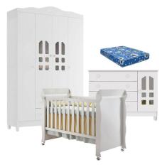 Quarto de Bebê New Selena 4 Portas com Cômoda Gran Selena e Berço Mirelle Branco Brilho e Colchão Ortobom – Carolina Móveis