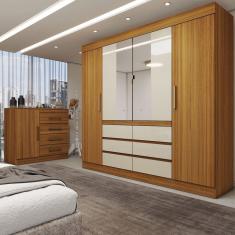 Guarda-Roupa Casal Marrom 4 Portas 6 Gavetas 1 Porta 4 Gavetas Espelho Cinamomo/Off White