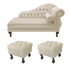 Divã Recamier Namoradeira Larissa 150cm + 2 Puffs Retrô Suede Bege  - LM DECOR