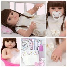 Boneca Reborn Realista Menina Cabelo Castanho Kit Itens - Cegonha Rebo