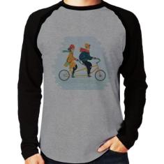 Camiseta Raglan Casal  Bicicleta Manga Longa - Foca na Moda, Cinza, Pr