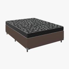 Cama Box Casal Tecido Marrom Com Colchão D20 Tampo Preto 12cm