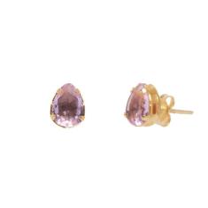 Brinco Delicado Pedra Gota Pequeno Rosa Claro Foheado A Ouro 18K