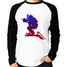 Camiseta Raglan Cinegrafista Manga Longa - Foca na Moda, Branco, Preto