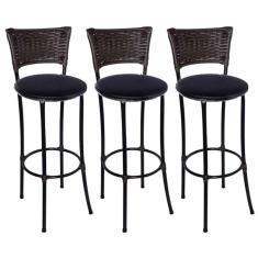 Kit 3 Banquetas Alta Romana Preta com Encosto Junco Argila Assento Preto