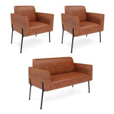 Sofá Namoradeira e 2 Poltronas Pé de Ferro Preto Marisa Corano Nozes D03 - D`Rossi