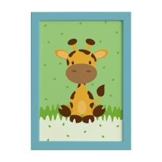 Quadro Infantil Safari Girafa para Quarto Moldura Azul 22x32 - Quartin