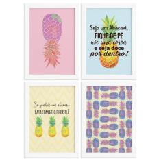 Kit Quadro Decorativos Abacaxi Moldura Branca 4un 22x32cm - Quartinhos