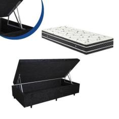 Cama Box Baú Solteiro Colchão Espuma D33 Bordado + Box Suede Preto 53x78x188