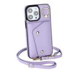 Capa tipo carteira com alça de ombro para iPhone 15 Pro Max 14 13 12 11 Pro Max 15 Plus 13 Pro Lady Couro Bolso para cartão Cordão Capa, Roxo, Para iPhone 15