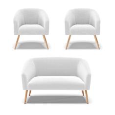 Kit 1 Sofá Namoradeira e 2 Poltronas Stella Bouclê Off White Pés Palito Natural - D`Rossi