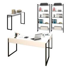 Conjunto Escritório Mesa em L Aparador e 2 Estantes Studio Industrial 