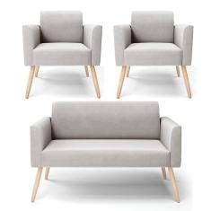 Sofá Namoradeira Com 2 Poltronas Pés Palito Natural Marisa Veludo D03 - D\`rossi Cor Cinza