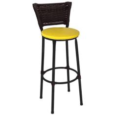 Banqueta Alta Preta com Encosto Junco Argila Assento Amarelo - Fortmix