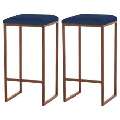 Kit 2 Banqueta Billie Base Bronze Veludo Azul Gran Belo