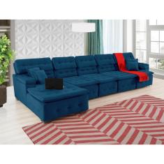 Sofá Orlando 4.20x1.70m Com Chaise, Retrátil E Reclinável - Azul
