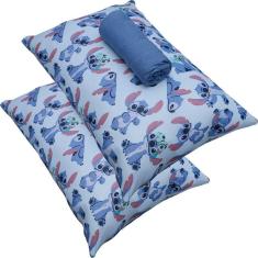 Jogo De Cama Portallar Casal Malha 100% Algodão Disney Mickey Stitch E Xepa 3 Peças Azul