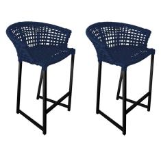 Kit 2 Banquetas Reis Em Corda Náutica E Base Em Alumínio Preta Para área Gourmet Azul Marinho Azul