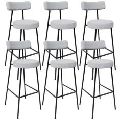 Kit 06 Banquetas Altas Cozinha Bar Sala De Jantar Em Aço Milão L02 Bouclê Cinza - Lyam Decor