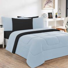 Edredom Malha 100% Algodão Gran Moratta 1 Peça King - Azul Bebê/Preto