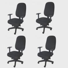 Kit 4 Unidades Cadeira Escritório Secretária Giratória com Braço Regulável em Couro