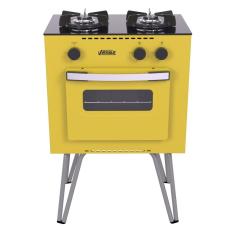 Fogão Portátil 2 Bocas a Gás GLP Venax Mini Cook Mesa de Vidro Acendimento Manual Amarelo