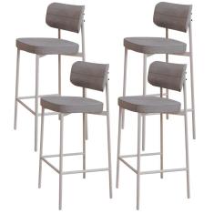 Kit 04 Banquetas Alta Bar Cozinha Sala De Jantar Aço Branco Kaira C01 Linho Cinza - Lyam Decor