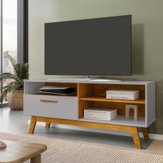 Rack Bancada Paladio Tv 55 Pol. Sala Com Pes De Madeira Off White/naturale