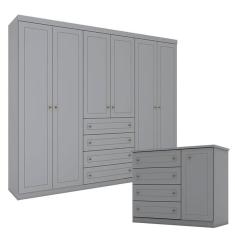 Cômoda e Guarda Roupa Casal 6 Portas Mississipi Cinza - Henn