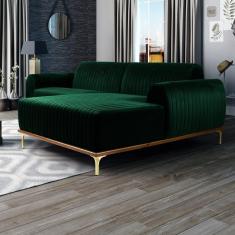 Sofá 230cm 4 Lugares Chaise Direito Pés Gold Verde Musgo